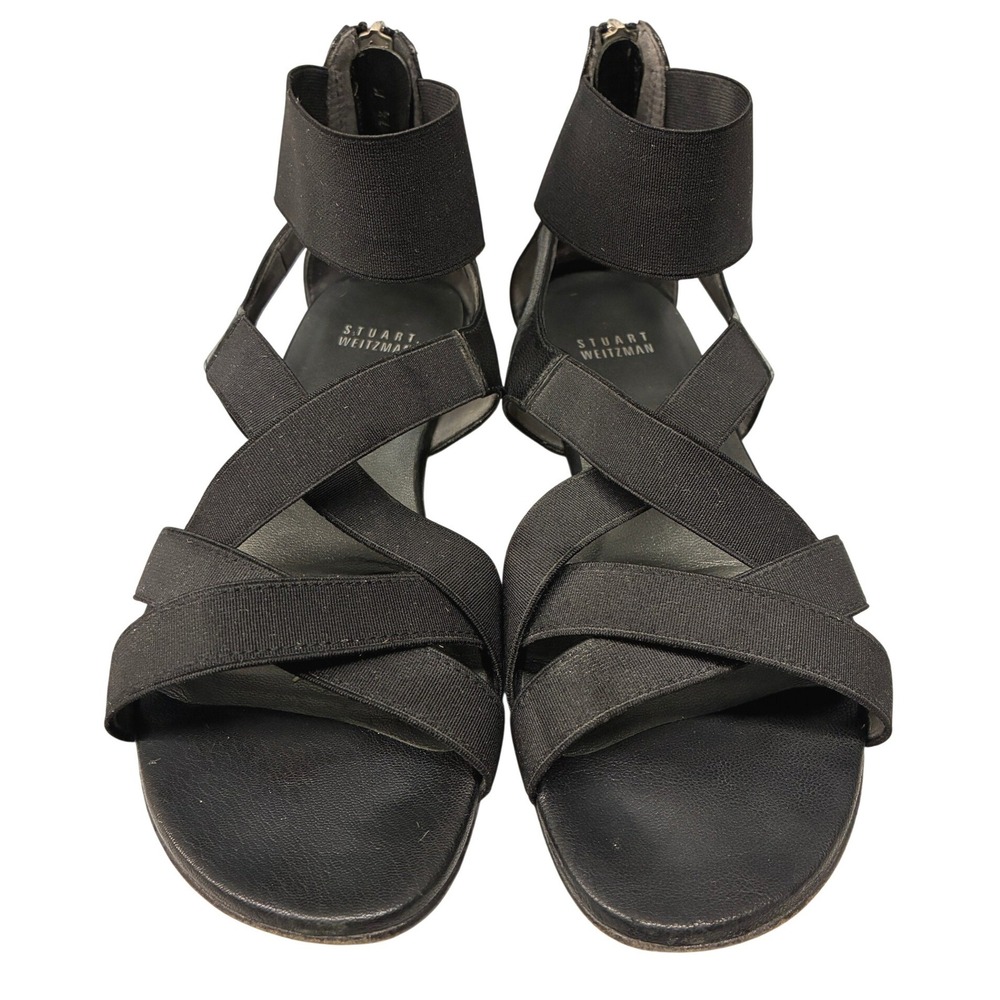 Stuart Weitzman Lasting Sandals Women 7.5M Black Strappy Elastic Back Zip
